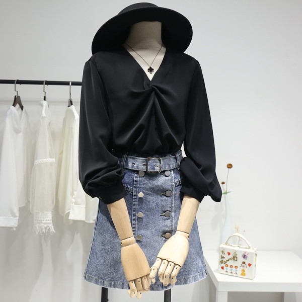 Modernūs moteriški šifoniniai marškiniai su špico iškirpte ir ilgomis rankovėmis