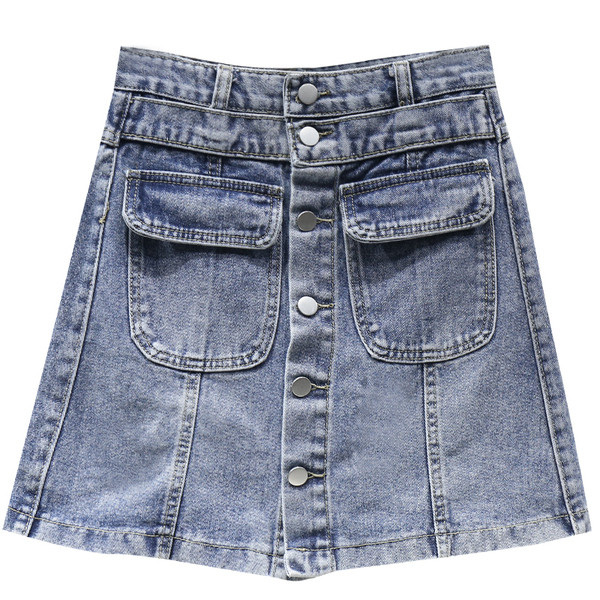 Laisvas moteriškas sijonas aukštu juosmeniu, kišenėmis ir sagomis