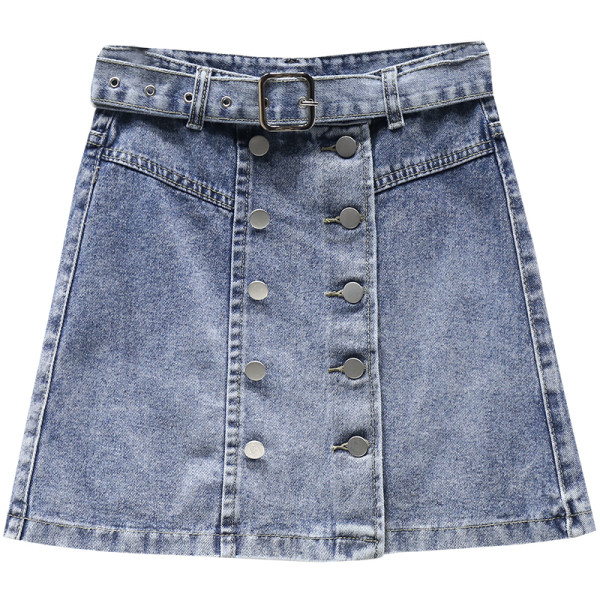 Džinsinis trumpas moteriškas sijonas aukštu juosmeniu ir diržu