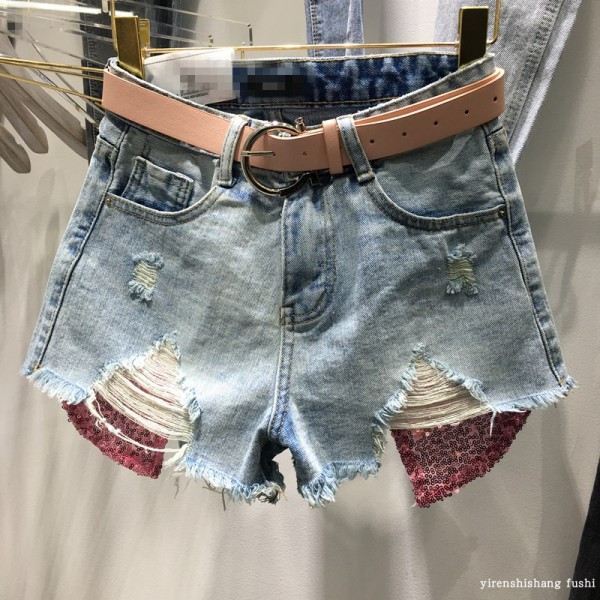 HIT Model moteriški džinsiniai šortai su blizgučiais ant kišenės
