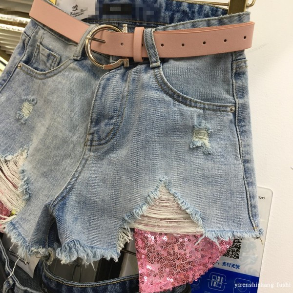 HIT Model moteriški džinsiniai šortai su blizgučiais ant kišenės