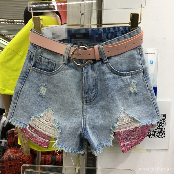 HIT Model moteriški džinsiniai šortai su blizgučiais ant kišenės