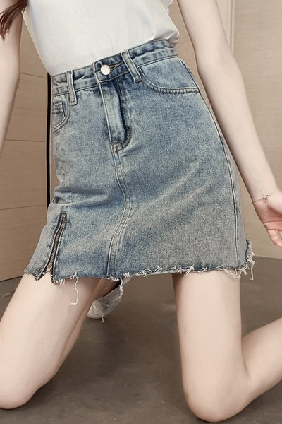 Къса ежедневна дънкова пола с цип и висока талия