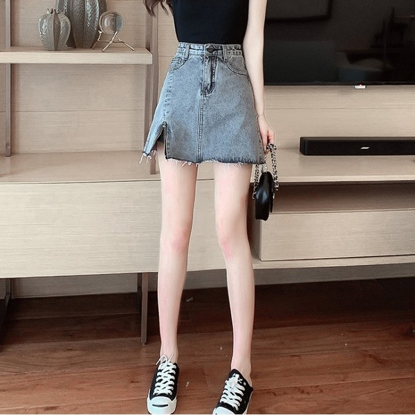 Къса ежедневна дънкова пола с цип и висока талия