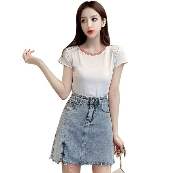 Къса ежедневна дънкова пола с цип и висока талия