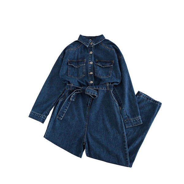 Modernus džinsinis kombinezonas ilgas modelis su klasikine apykakle ir diržu