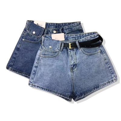 Ежедневни дамски къси дънки с висока талия и кожен колан 