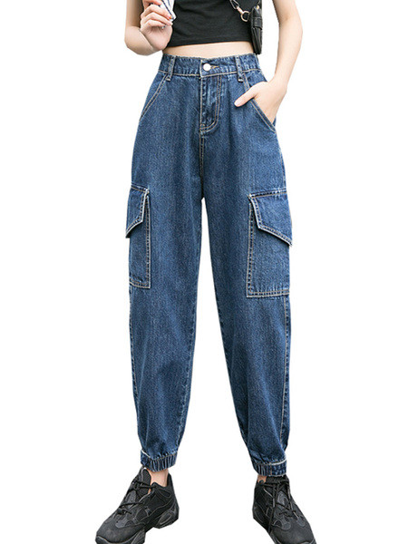 Plati sieviešu džinsi ar kabatām un elastīgu jostasvietu