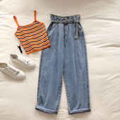 Ежедневни дамски дънки широк модел с висока талия и колан