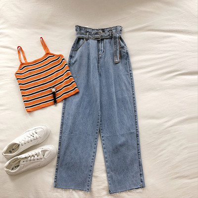 Ежедневни дамски дънки широк модел с висока талия и колан