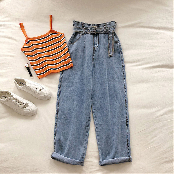 Ежедневни дамски дънки широк модел с висока талия и колан