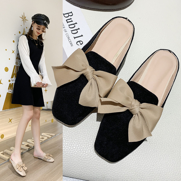 Papuci casual dama din piele intoarsa ecologica cu panglica