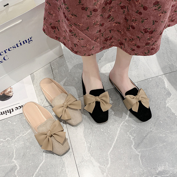 Papuci casual dama din piele intoarsa ecologica cu panglica