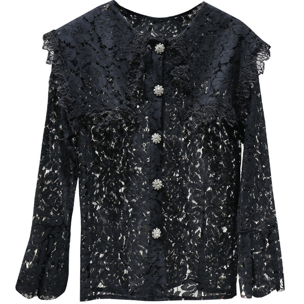 Cămașă modernă de damă din dantelă cu mâneci lotus și decolteu oval