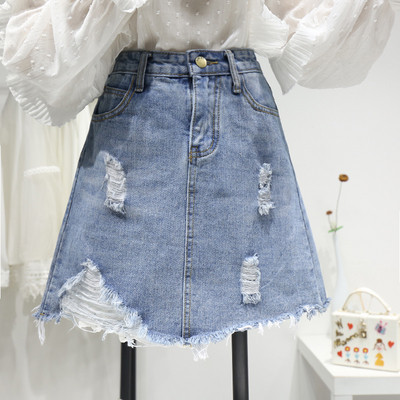 Дамска дънкова пола А-линия със скъсани мотиви