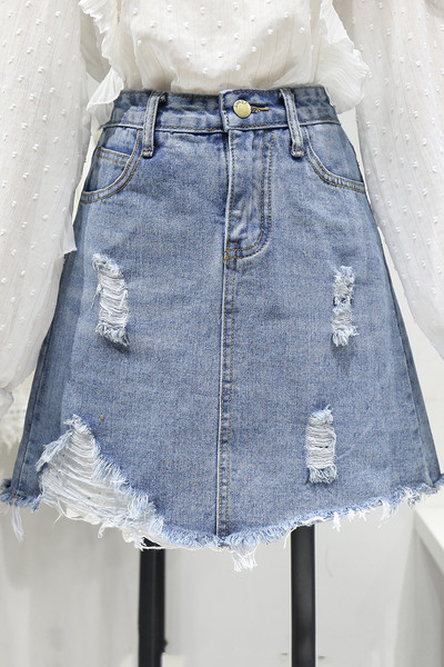 Дамска дънкова пола А-линия със скъсани мотиви