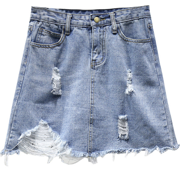 Дамска дънкова пола А-линия със скъсани мотиви