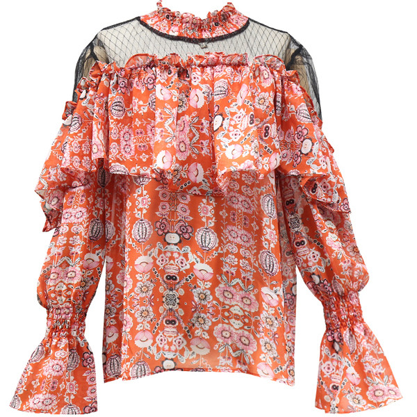 Uue mudeli madala kraega, tülli ja lillelise mustriga naiste pluus