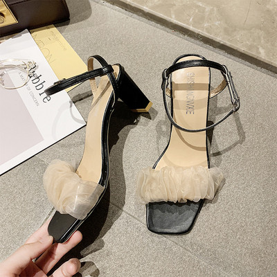 Sieviešu modernas sandales ar kvadrātveida papēdi un tilla elementu