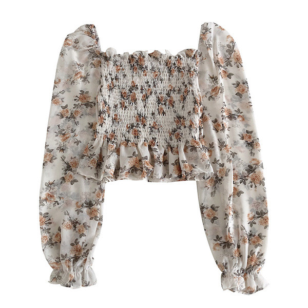 Laiade varrukate ja lillelise mustriga kevadine elastne pluus