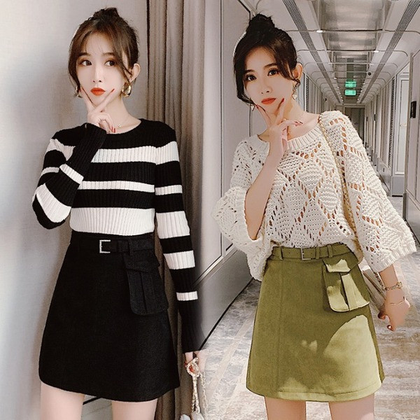 Fusta de dama din piele intoarsa cu talie inalta, curea si buzunar