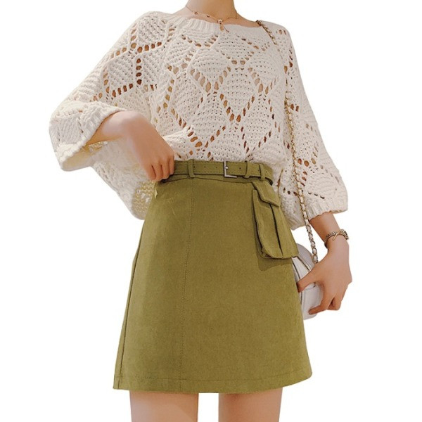 Fusta de dama din piele intoarsa cu talie inalta, curea si buzunar