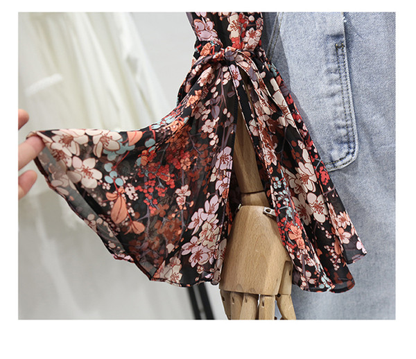 Új modell női ing virágmintával, lótusz ujjakkal és szalaggal