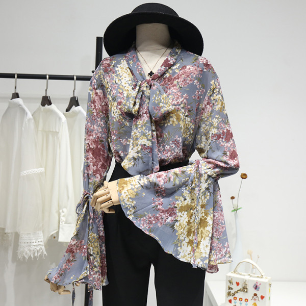 Új modell női ing virágmintával, lótusz ujjakkal és szalaggal