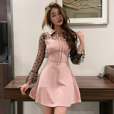 Rochie elegantă de damă, cu mâneci din tul și guler clasic