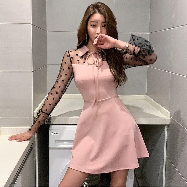 Rochie elegantă de damă, cu mâneci din tul și guler clasic