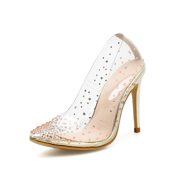 Sieviešu caurspīdīgas kurpes ar akmeņiem un plānu papēdi