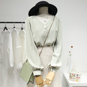 Modern női sifon ing hosszú ujjal és spitz nyakkivágással