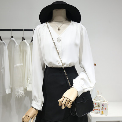 Modern női sifon ing hosszú ujjal és spitz nyakkivágással