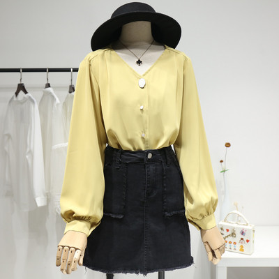 Modern női sifon ing hosszú ujjal és spitz nyakkivágással