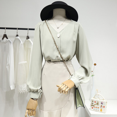 Modern női sifon ing hosszú ujjal és spitz nyakkivágással