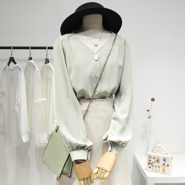 Modern női sifon ing hosszú ujjal és spitz nyakkivágással