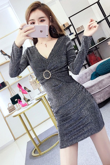 Дамска лъскава рокля с дълъг ръкав и V-образно деколте