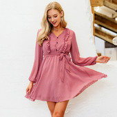 Модерна дамска къса розова рокля с дълъг ръкав и колан 