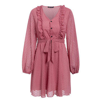 Модерна дамска къса розова рокля с дълъг ръкав и колан 