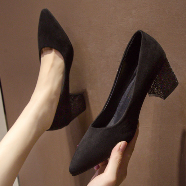 Modernūs moteriški batai 7 cm storio blizgančiu kulnu