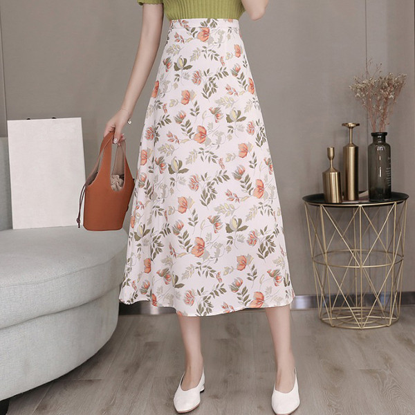 Gėlėtas moteriškas sijonas aukštu juosmeniu