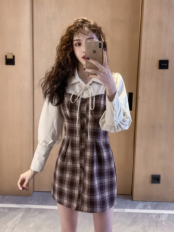 Карирана дамска рокля с класическа яка и дълъг ръкав