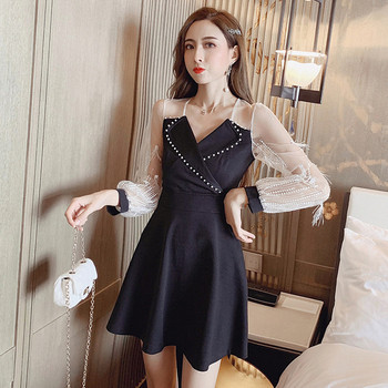 Retro stiilis naiste kleit pikkade varrukate ja spitsikaelusega