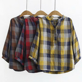 Ежедневна дамска карирана риза с 3/4 ръкав и копчета