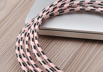 Текстилен бързозареждащ USB кабел Type-С в розов цвят 