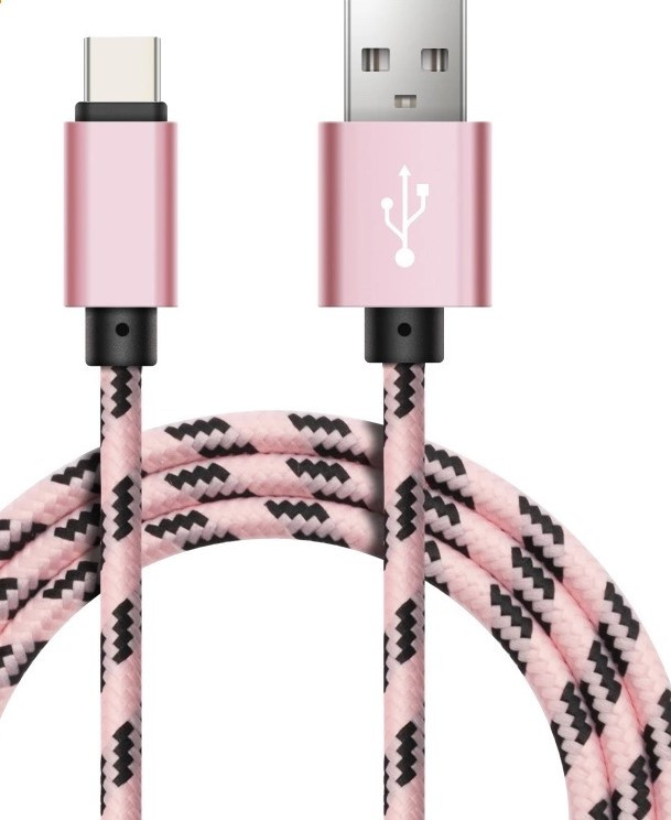 Текстилен бързозареждащ USB кабел Type-С в розов цвят 