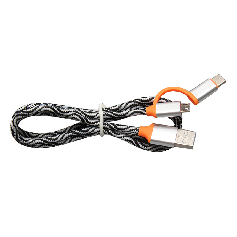 Бързозареждащ текстилен  кабел Micro usb + Type C в черно-бял цвят 