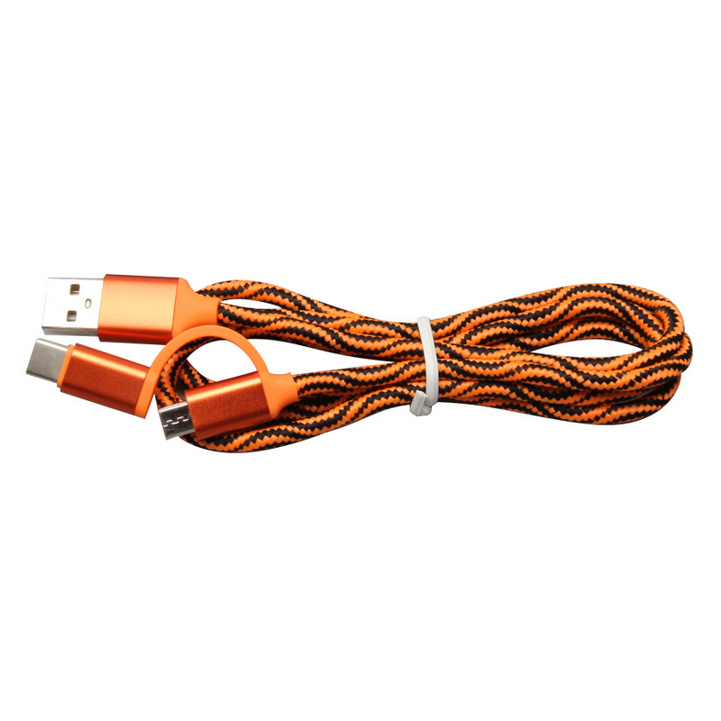 Бързозареждащ текстилен кабел  Micro usb + Type C в оранжев цвят 