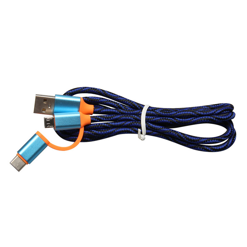 Бързозареждащ текстилен  кабел Micro usb + Type C в син цвят 