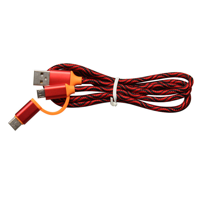 Бързозареждащ текстилен кабел Micro usb + Type C в червен цвят 